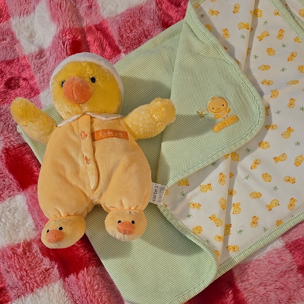 Yellow Duck Plush Toy with Green Baby Blanket